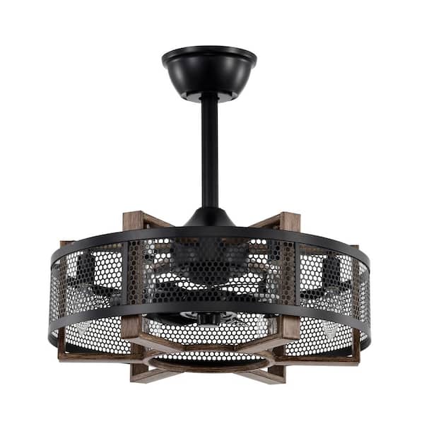 Maxax Heritage 18.9 in. 6-Light Indoor Black/Wood Industrial Ceiling Fan Metal Included Smart Remote Control Cage Enclosed