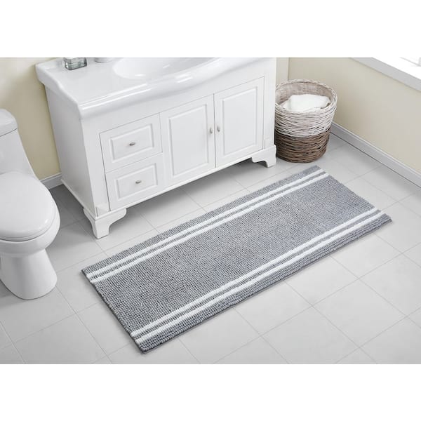 Hotel 24 in. x 60 in. Grey/White Stripe Polyester Rectangle Noodle Bath Runner