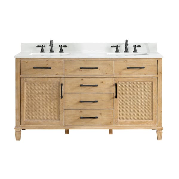 Altair Solana 60 in. W x 22 in. D x 34 in. H Double Sink Bath Vanity in Weathered Fir with Calacatta White Quartz Top
