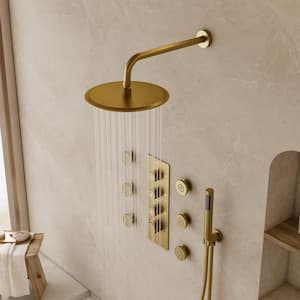7-Spray 12 in. Wall Mount Dual Shower Head and Handheld Shower with 6-Jets in Brushed Gold (Valve Included)