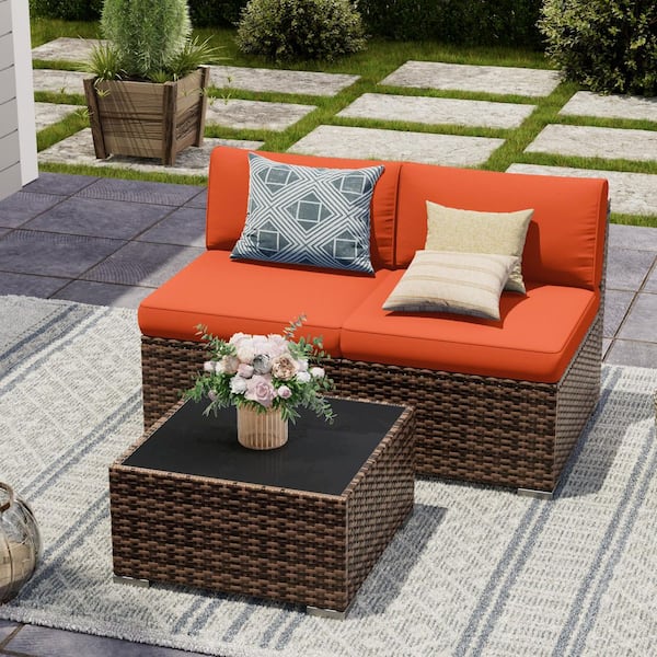 2-Series Brown Wicker Outdoor Sectional Set with Orange Cushion