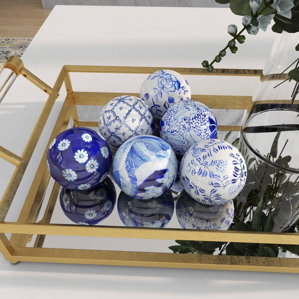 Blue and White Ceramic Floral Pattern Vase Filler Orbs, Set of 6