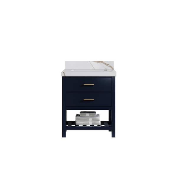 Willow Collections Parker 30 in. Single Sink Freestanding Navy Blue Bath Vanity with Calacatta Gold Qt. Top Unassembled
