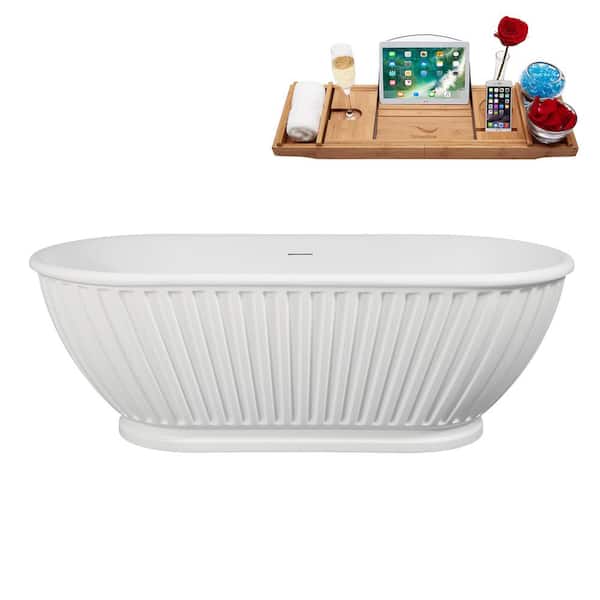 67 in. x 32 in. Acrylic Freestanding Soaking Bathtub in Matte White with Polished Chrome Drain, Bamboo Tray