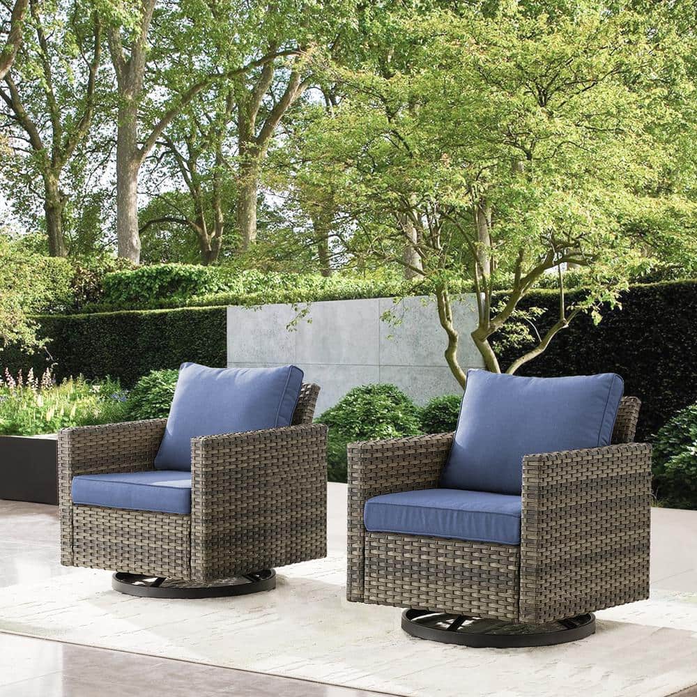 Gray Wicker Outdoor Swivel Rocking Armchairs with Blue Cushions