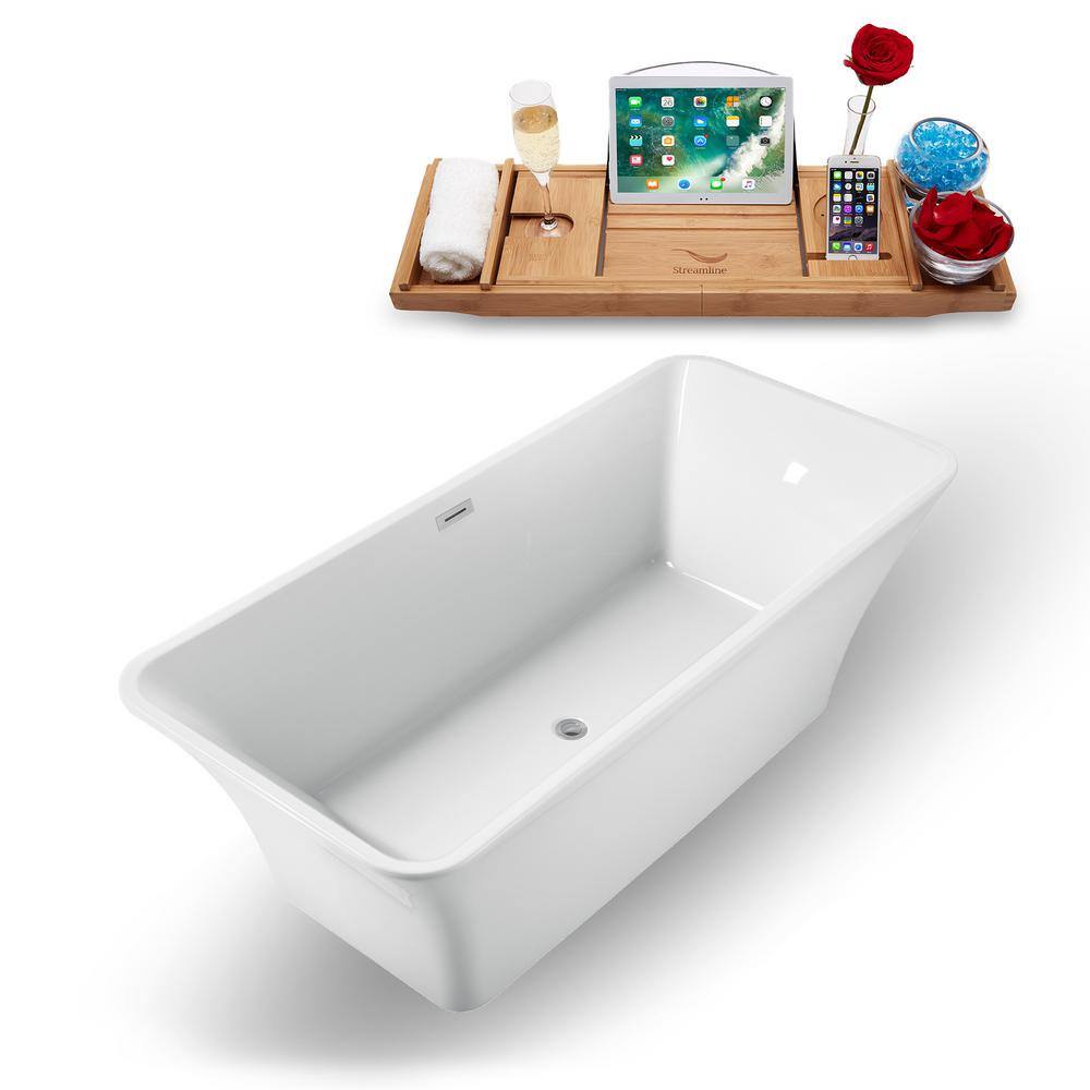 71'' Glossy White Acrylic Freestanding Soaking Bathtub with Bamboo Tray