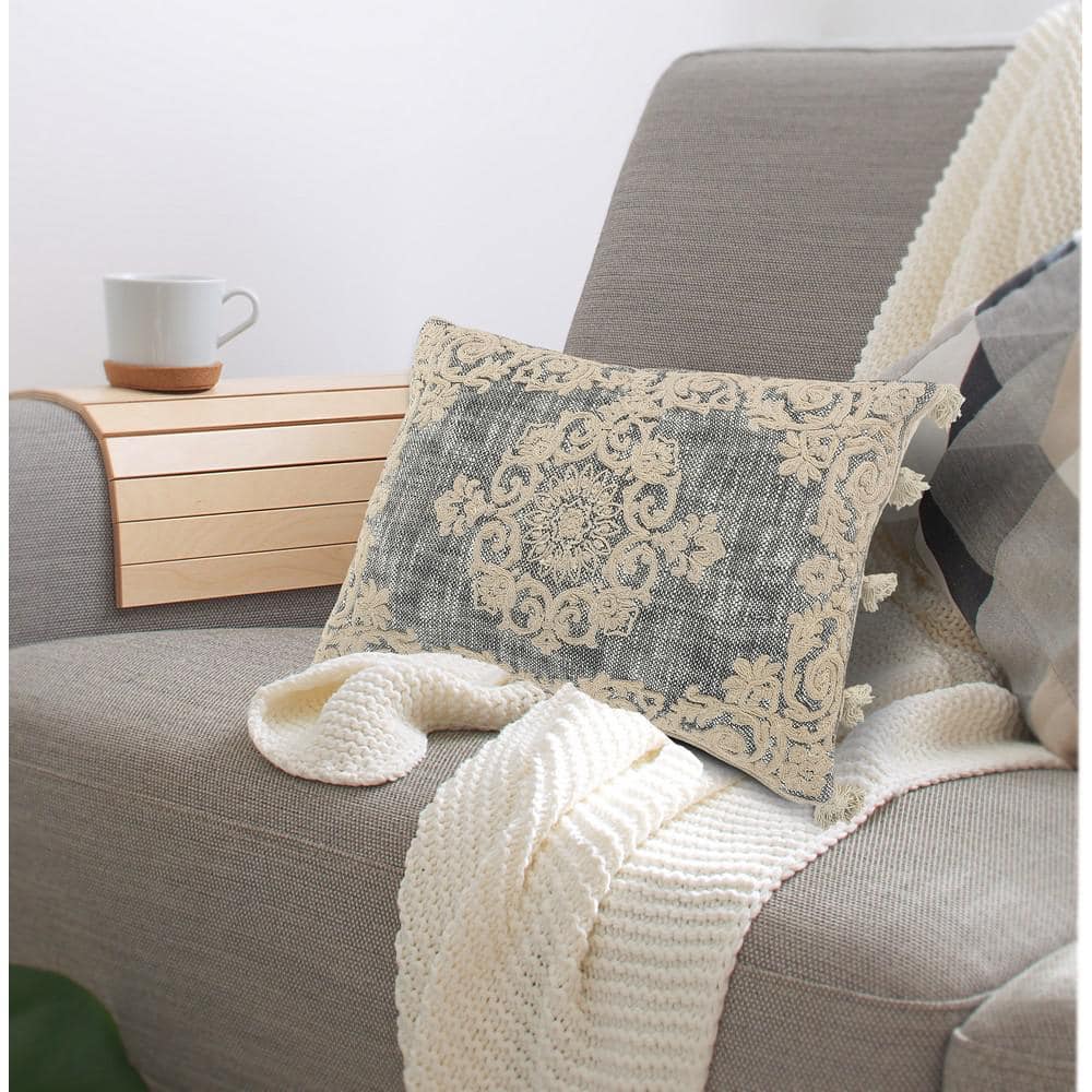 Gray and Beige Embroidered Rectangular Lumbar Pillow