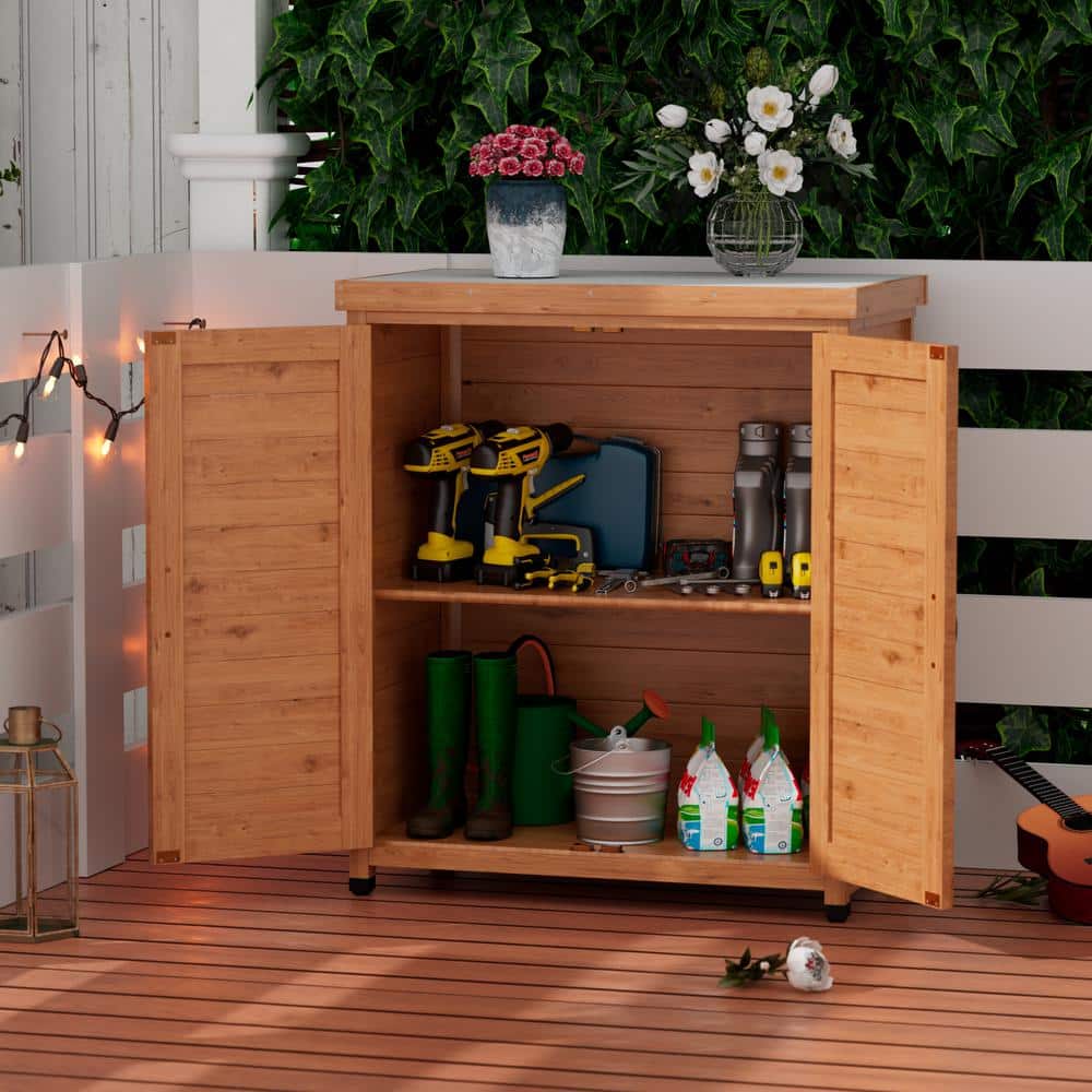 Outdoor 31 in. Potting Bench Table with Rustic Wood Storage Cabinet and Met