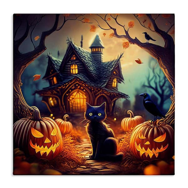 Haunted House and Black Cat by Alina Georgescu Unframed Animal Graphic Art Print 36 in. x 36 in.