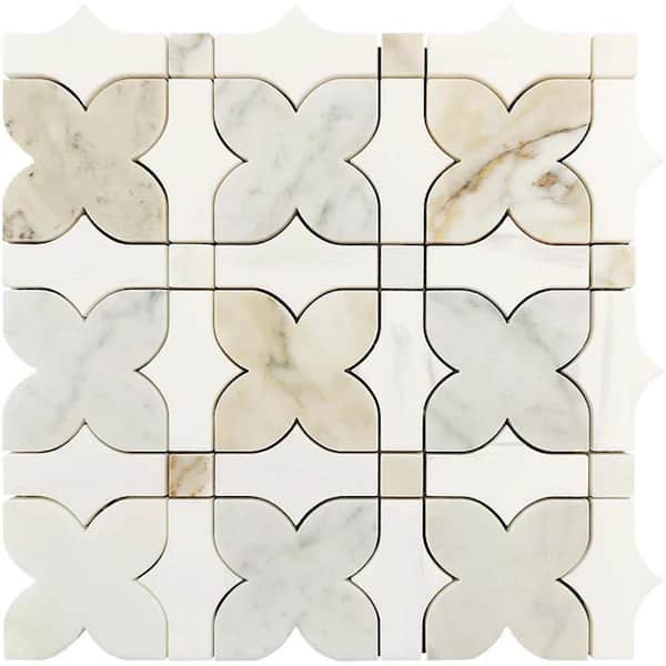 Serena 4 in. x 4 in. Polished White Gray Gold Dolomite Marble Mosaic Wall and Floor Tile Sample (0.14 sq ft)