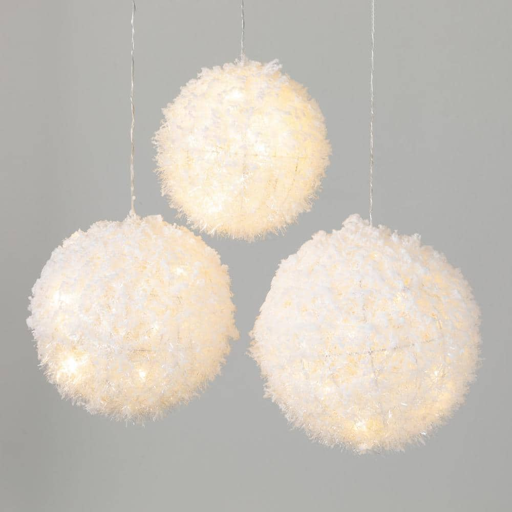 6.25 in. 8.25 in. and 7.25 in. Lighted Hanging Snowballs - Set of 3, White Christmas Ornaments -  SULLIVANS, OR10774