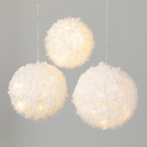6.25 in. 8.25 in. and 7.25 in. Lighted Hanging Snowballs - Set of 3, White Christmas Ornaments