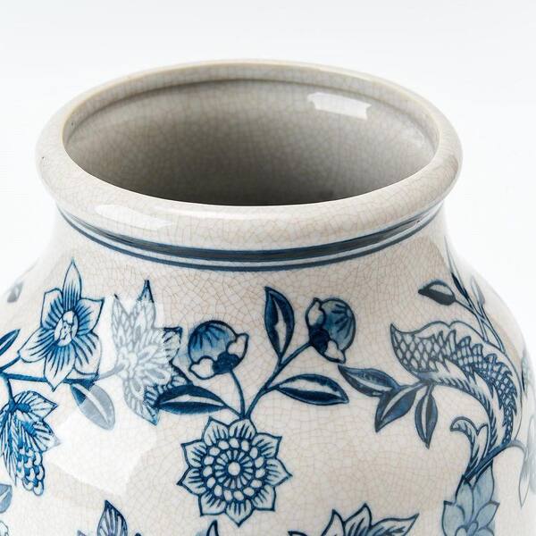 9.4 in. Ceramic Chinoiserie Floral Vase, Retro Ice Cracked Blue