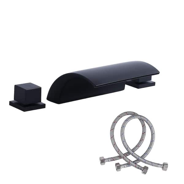 Double Handle Deck Mounted Brass Waterfall Roman Tub Faucet High Flow Garden Tub Filler in Matte Black