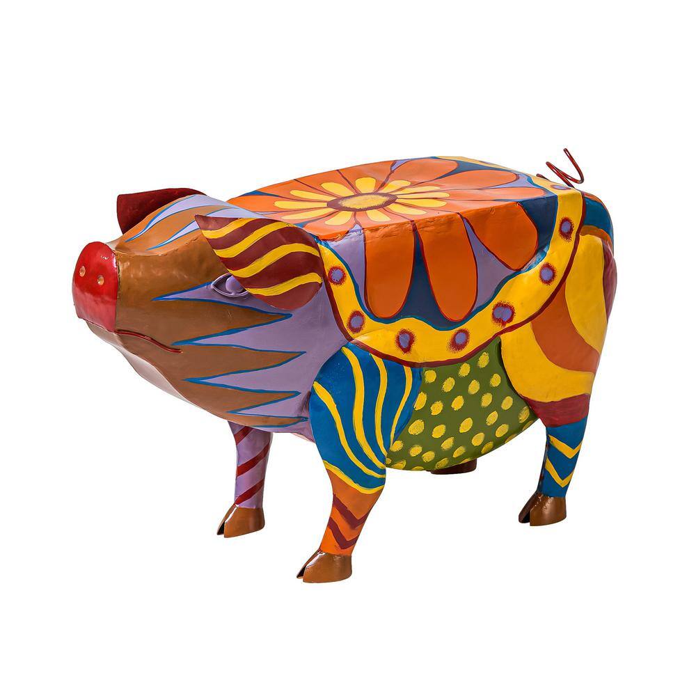 Colorful Folk Art Pig Metal Outdoor Side Table