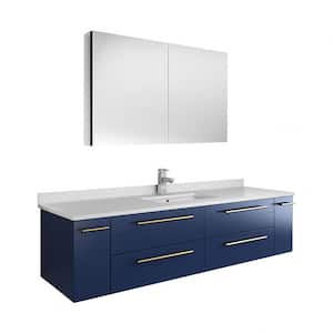 Lucera 60 in. W Wall Hung Bath Vanity in Royal Blue with Quartz Sink Vanity Top in White with White Basin