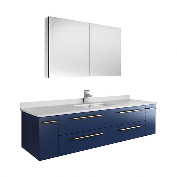Fresca Lucera 60 in. W Wall Hung Bath Vanity in Royal Blue with Quartz Sink Vanity Top in White with White Basin