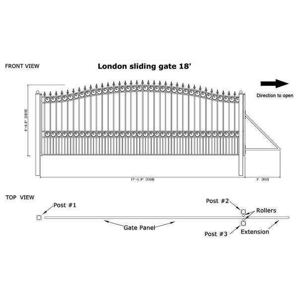 ALEKO 23 ft. x 6 ft. x 18 ft. Black Steel Single Sliding Driveway Gate London Style with Pedestrian Gate 5 ft. Fence Gate