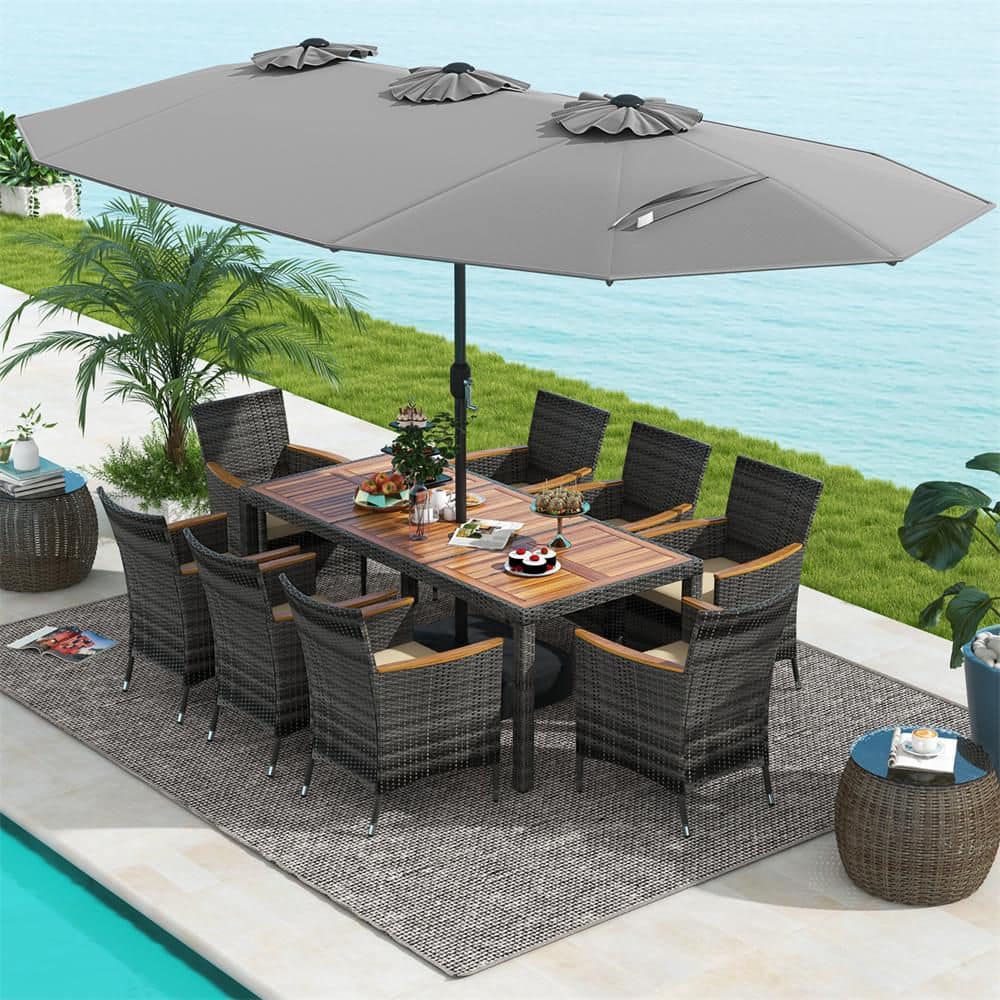 fuchsia patio umbrella Sunjoy 16 in. Square Outdoor Wicker Side Table with Hole, Grey Round market patio umbrella with 30 tilt for easy Outdoor Dining Set Patio Table