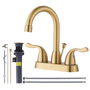 4 in. Centerset Double Handle Bathroom Faucet with Lift Rod Drain Assembly and Water Supply Lines in Gold