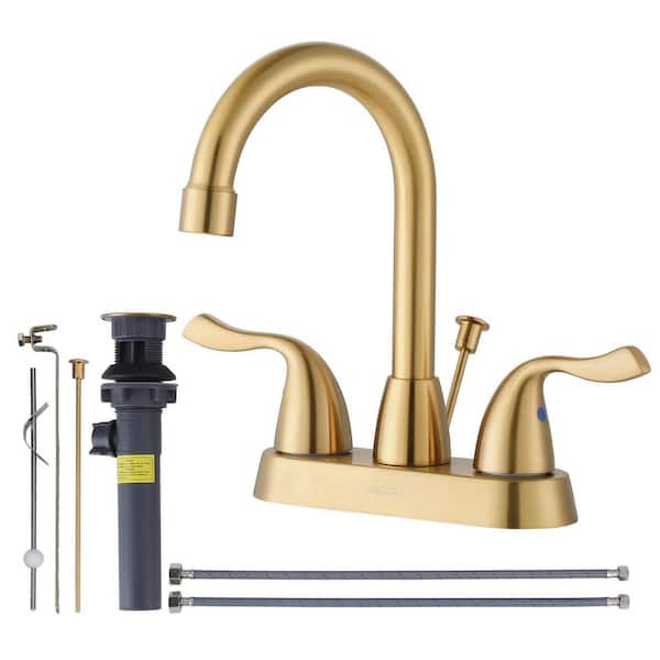 ARCORA 4 in. Centerset Double Handle Bathroom Faucet with Lift Rod Drain Assembly and Water Supply Lines in Gold