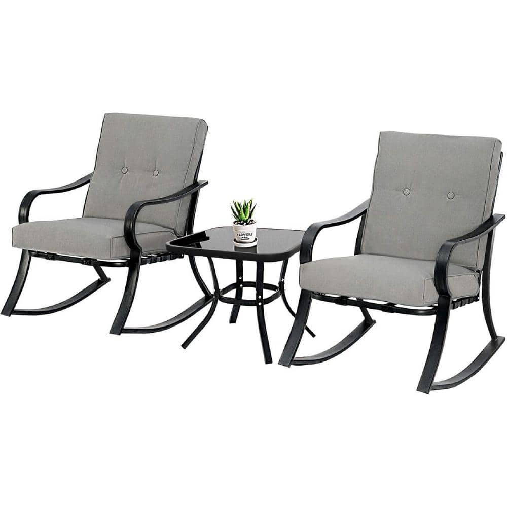 Suncrown 3 Piece Metal Outdoor Bistro Set Rocking Chairs with Gray