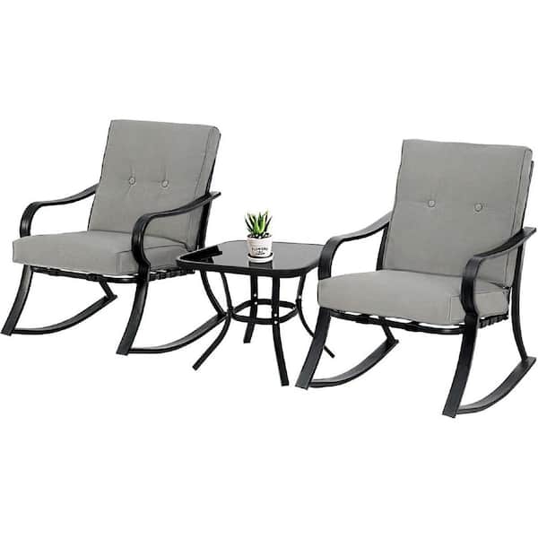 Suncrown 3-Piece Metal Outdoor Bistro Set Rocking Chairs with Gray Cushions