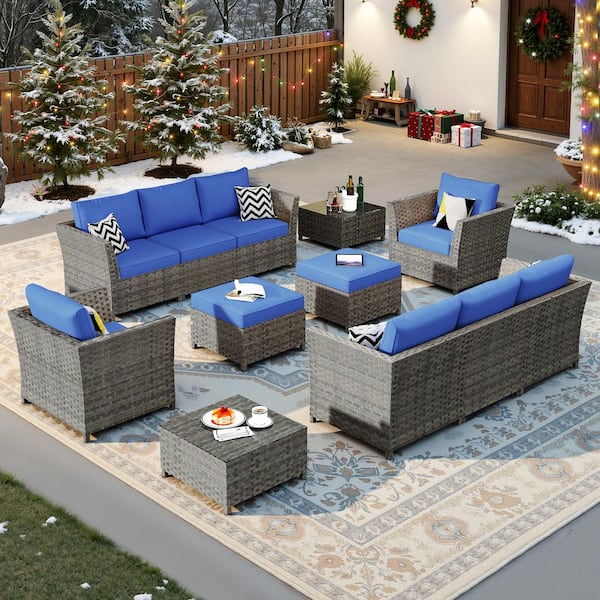 Jasmine 12-Piece Wicker Outdoor Sectional Set with Navy Blue Cushions