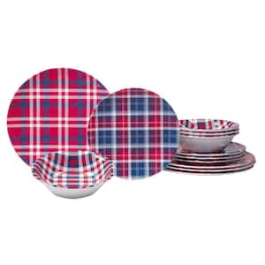 Patriotic Plaid 12-Piece Multi-Colored Melamine Dinnerware Set Service for 4