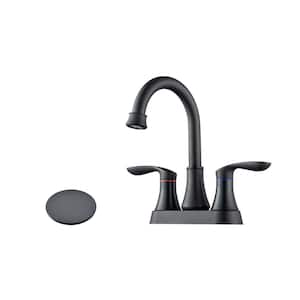 4 in. Centerset Double Handle High Arc Bathroom Faucet with Metal Pop-up Drain and Faucet Supply Lines in Black Color