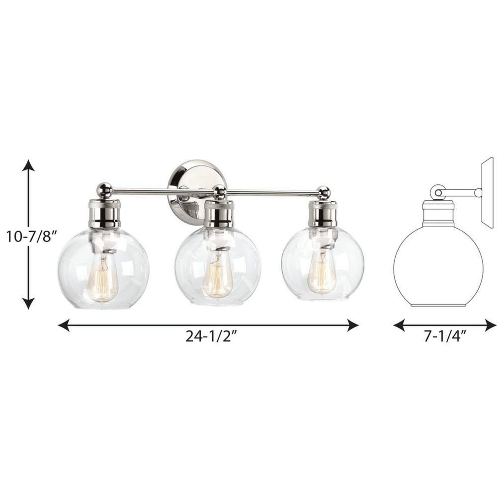 Hansford Polished Nickel 3-Light Bath Vanity Fixture with Clear Glass Shades