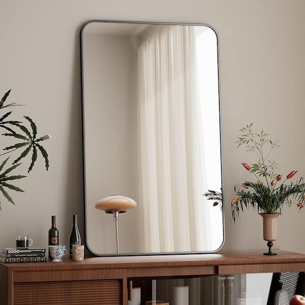 29.5 in. W x 47.2 in. H Rectangular Round Corners Black Aluminum Alloy Framed Bathroom Vanity Mirror Wall Mirror