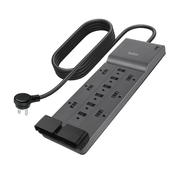 Lukyamzn 12-Outlet Flat Plug Surge Protector Power Strip in Black with 8 ft. UL-listed Heavy-Duty Extension Cord