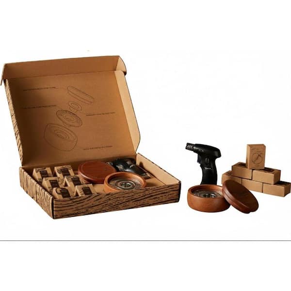 1-Kit Brown Wood Barware Sapele Wood Cocktail Smoker Kit with Torch and 6 Flavors Wood Chips for Whiskey
