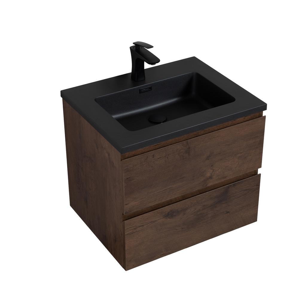 Modern Bathroom Vanity with Black Sink, Small, Floating, 24 inch , Brown Oak, Nameeks DERIN53