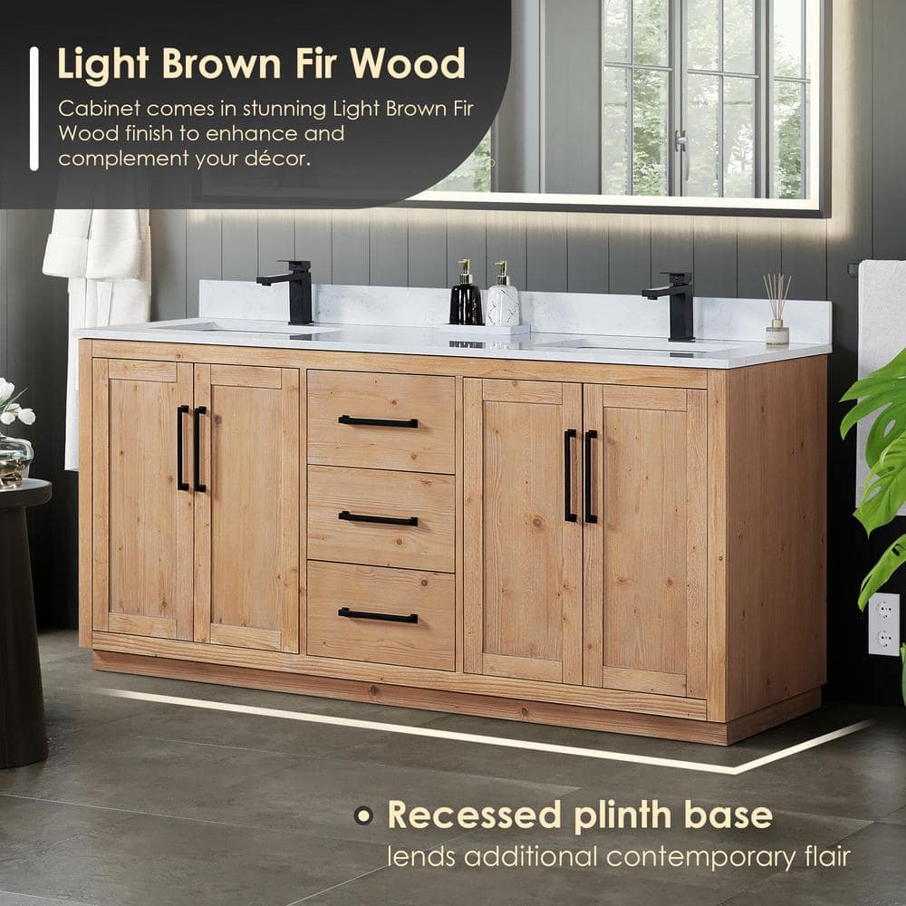 Cicero 72" Light Brown Fir Wood Bathroom Vanity with White Stone Countertop