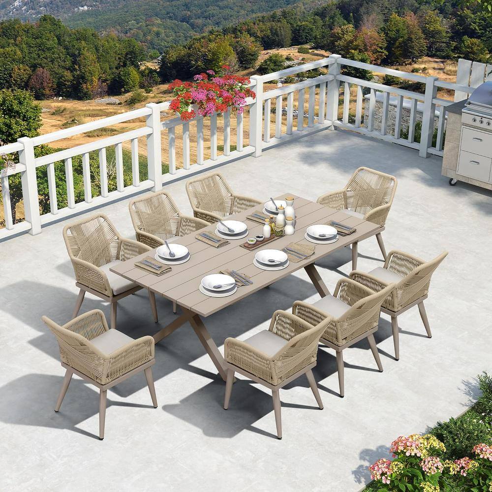 9-Piece Aluminum All-Weather PE Rattan Rectangular Outdoor Dining Set with Cushion, Champagne price history on PriceWatchPro