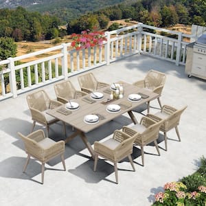 9-Piece Aluminum All-Weather PE Rattan Rectangular Outdoor Dining Set with Cushion, Champagne