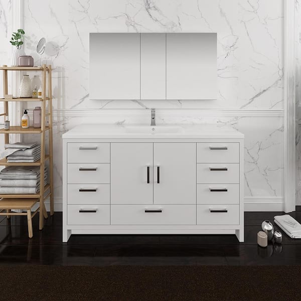 Imperia 60 in. Modern Bathroom Vanity in Glossy White with Vanity Top in White with White Basin and Medicine Cabinet