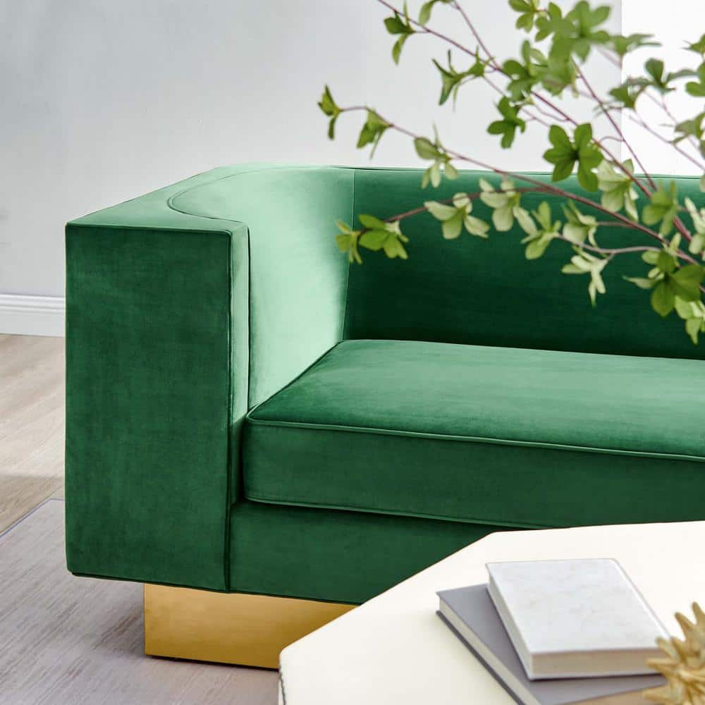 Emerald Green Velvet Sofa with Gold Base and Track Arms