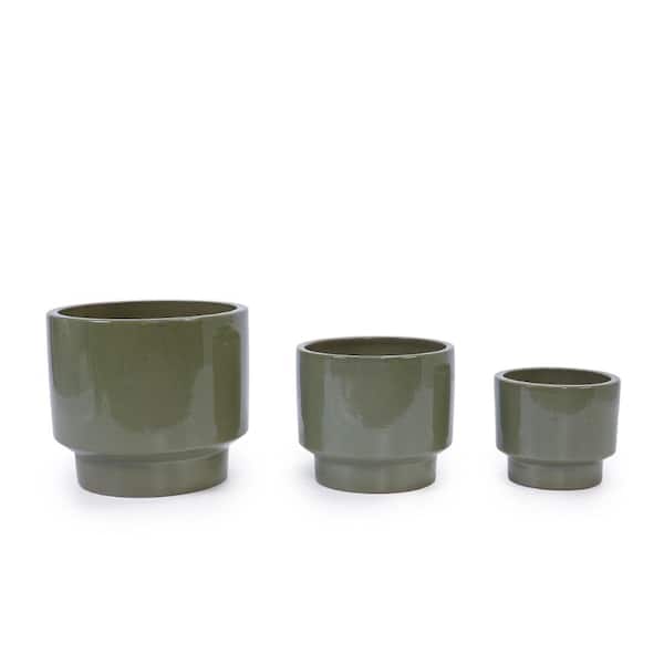 Handmade Earthy Green Ceramic Outdoor Planter Set with Drainage Holes(Set of 3)