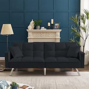 Black Modern Velvet Futon Sofa Couch Bed with Armrests and 2 Pillows