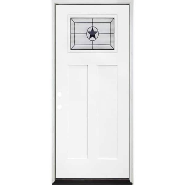 Steves & Sons Legacy 36 in. x 80 in. Right Hand Inswing 1/4 Top Lite Decorative Alamo Glass White Primed Fiberglass Prehung Front Door