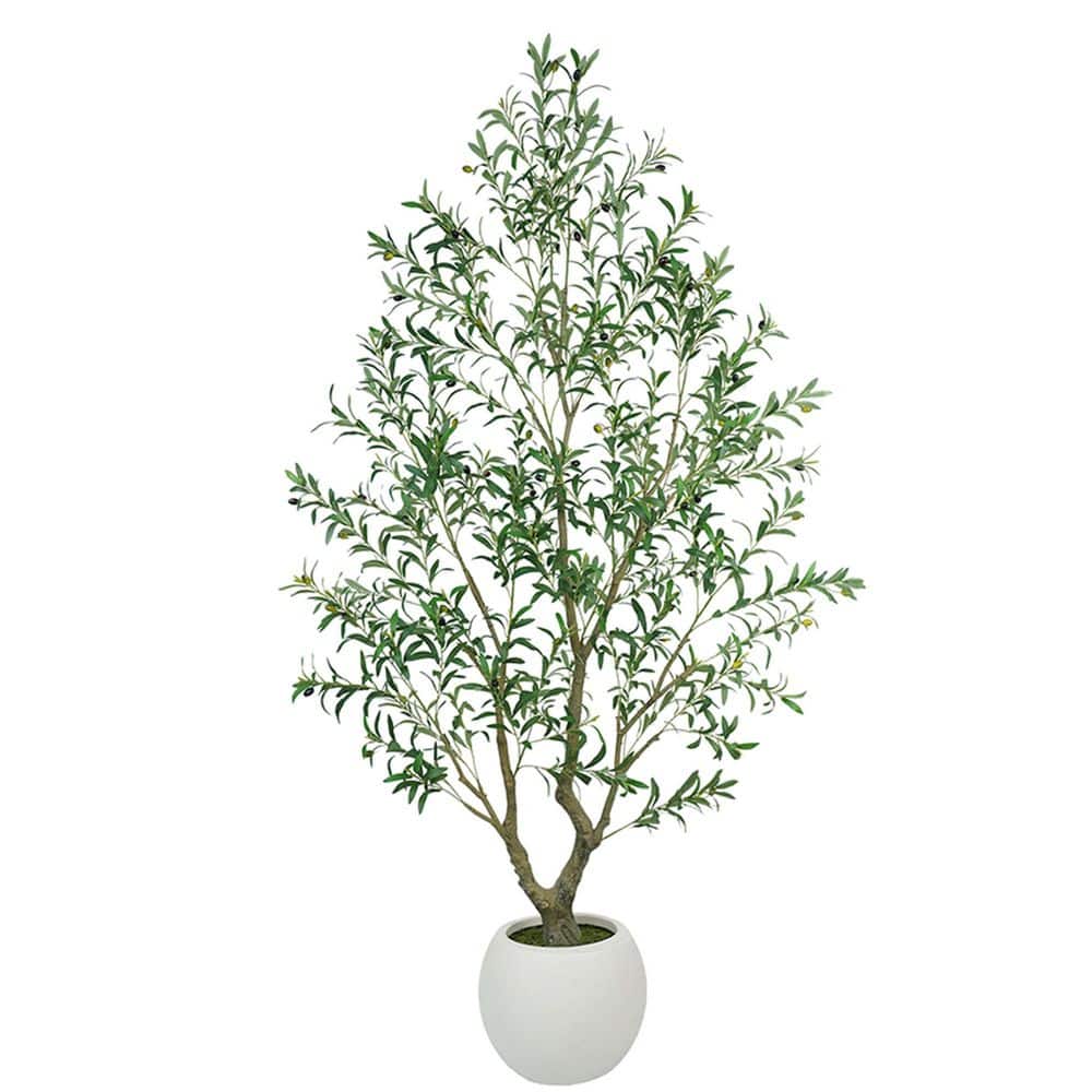Vitalismo 8 ft. Artificial Olive Tree w/ White Planter Artificial Plants Full and Grand Design Fake Tree for Indoor Outdoor Decor NOHK0208GLGRN