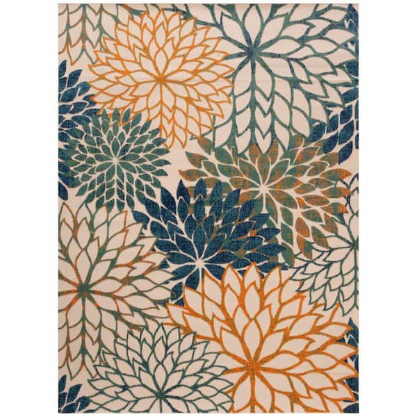 Aloha Blue Green 9 ft. x 12 ft. Floral Contemporary Indoor/Outdoor Area Rug