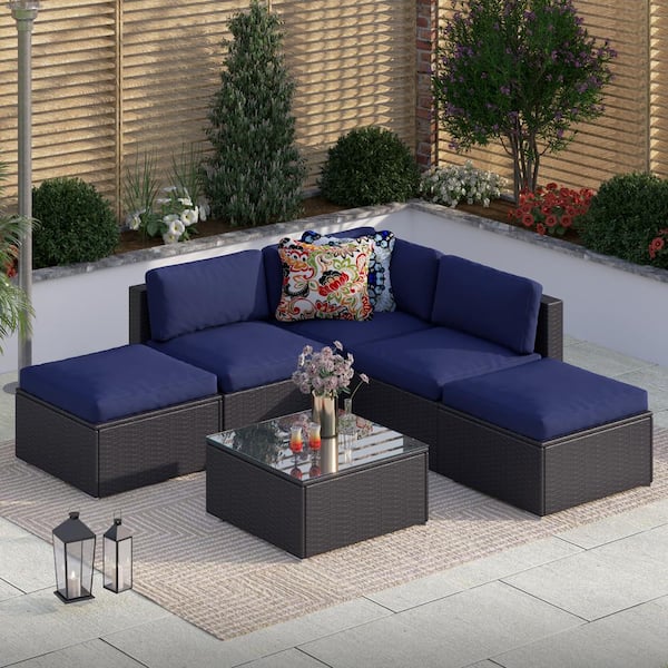 PHI VILLA Dark Brown Rattan Wicker 5 Seat 6-Piece Steel Outdoor Patio Conversation Set with Blue Cushions,Ottoman and Coffee Table