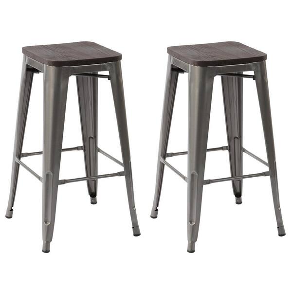 silver and wood bar stools