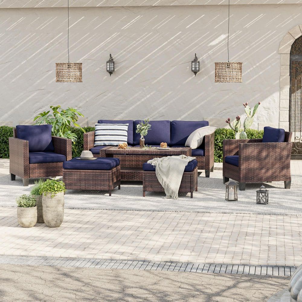 6-Piece Brown Wicker Outdoor Conversation Seating Sofa Set with Coffee Table, Navy Blue Cushions price history on PriceWatchPro