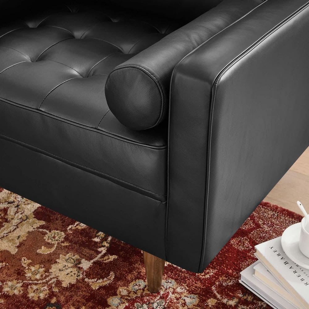 Mid-Century Biscuit Tufted Leather Accent Chair in Black