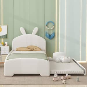 White Wood Twin Size Chenille Upholstered Platform Bed with Twin Size Trundle, Cartoon Ears Shaped Headboard, Bedrail